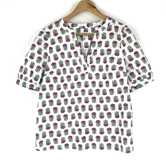 J Crew Poplin Top Size Medium Womens White Pink Floral Print Blouse Short Sleeve - Picture 1 of 7